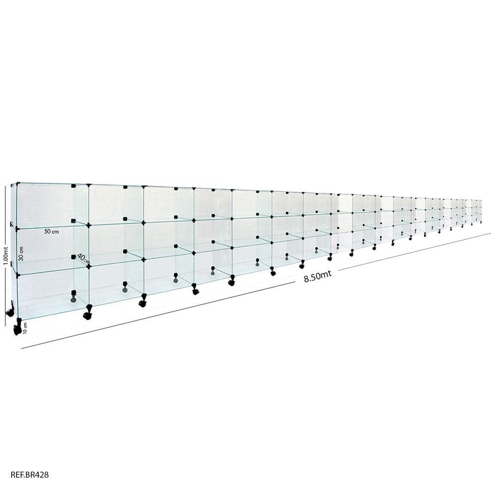 Balcão de Atendimento Modulado em Vidro com Rodízios - 8,50 x 1,00 x 0,40