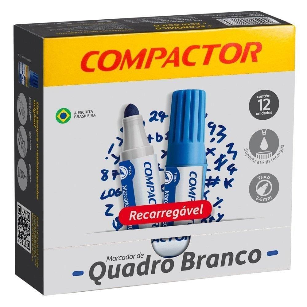 Marcador Recarregável de Quadro Branco Cor Azul Compactor - Embalagem com 12 unidades