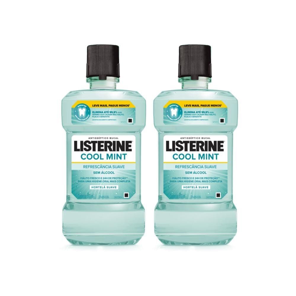 Kit 2 Antissépticos Bucal Listerine Cool Mint Refrescância Suave 500ml