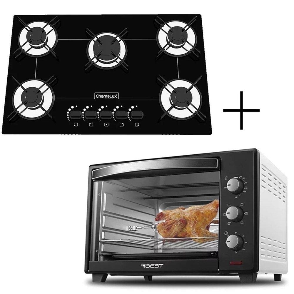 Fogão Cooktop 5 Bocas Preto + Forno De Eletrico 48 Plus
