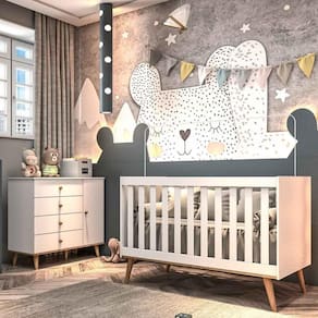 Quarto de Bebê Retrô Cômoda com Fraldário Berço 3 em 1 Lígia Branco com Bétula Carolina Baby