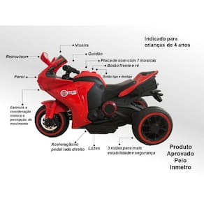 Mini Moto Elétrica Infantil Vermelha Triciclo Acende Farol