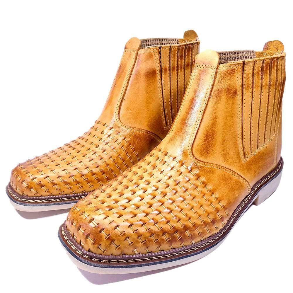 Bota Botina Country Masculina Em Couro Trançada De Cano Curto Com Elásticos Laterais