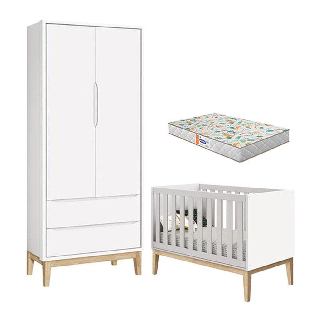 Berço Americano e Guarda Roupa 2 Portas New Classic Branco com Pés Madeira Natural e Colchão Gazin - Reller