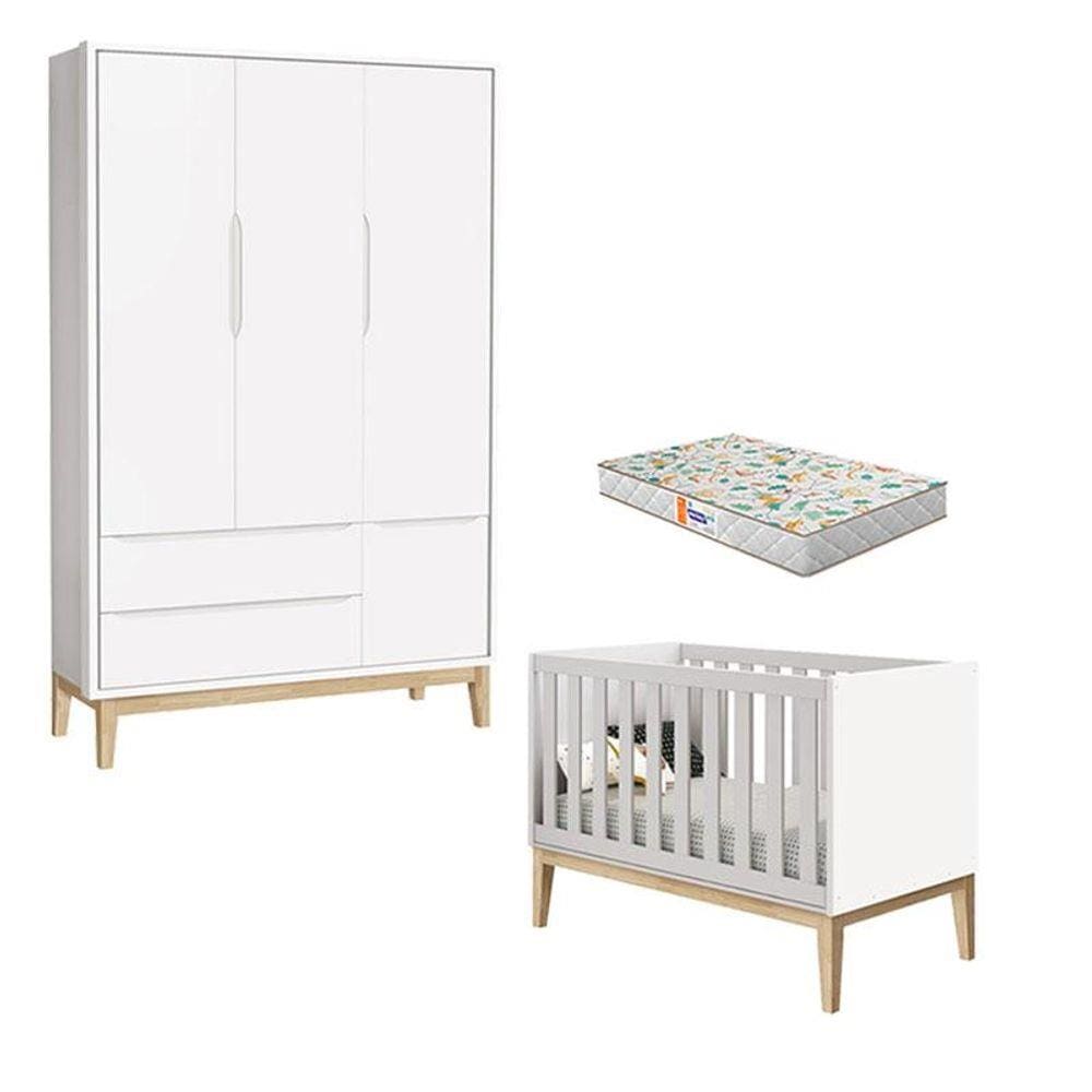 Berço Americano e Guarda Roupa 3 Portas New Classic Branco com Pés Madeira Natural e Colchão Gazin - Reller