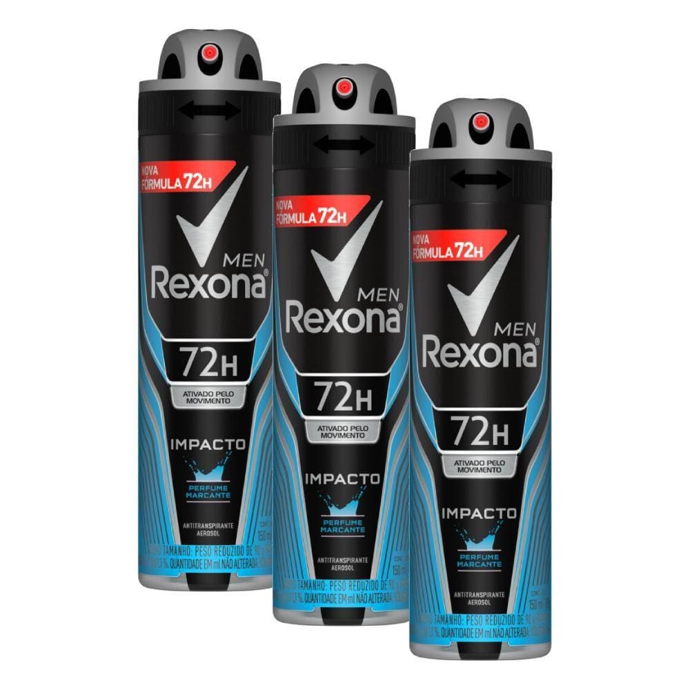 Kit com 3 Desodorantes Antitranspirantes Aerosol Masculino Rexona Impacto 72 horas 150ml