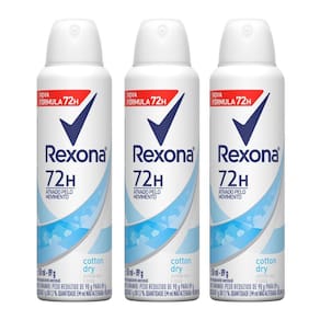 Kit com 3 Desodorantes Antitranspirantes Aerosol Feminino Rexona Cotton Dry 72 horas 150ml