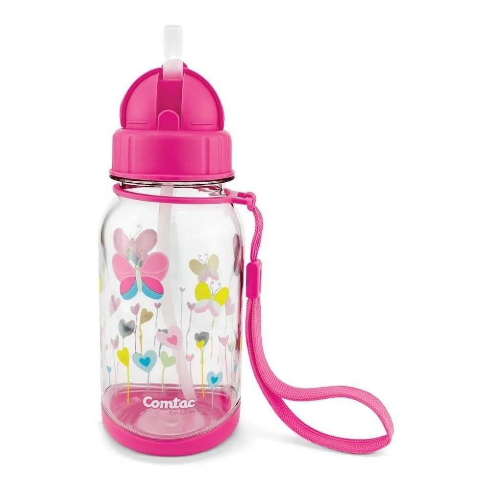 Copo Infantil com Canudo Tampa Flip Top Rosa Comtac Kids