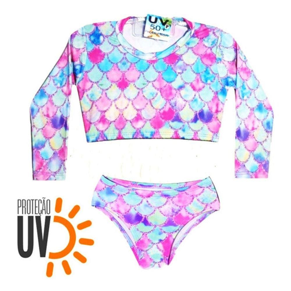 Biquini Infantil + Blusa Cropped Proteção Solar Uv50 Sereia