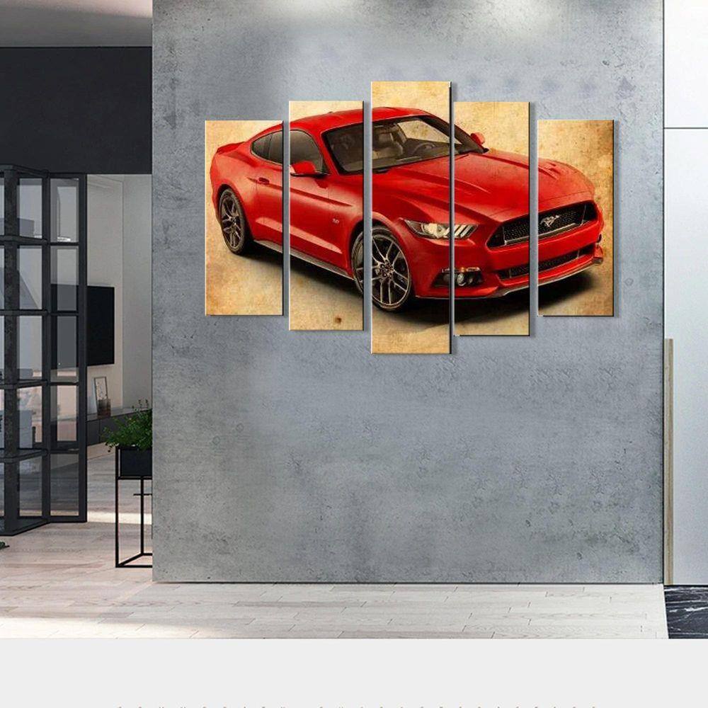Quadro Decorativo Mustang Vintage Vermelho 5 Peças Sala