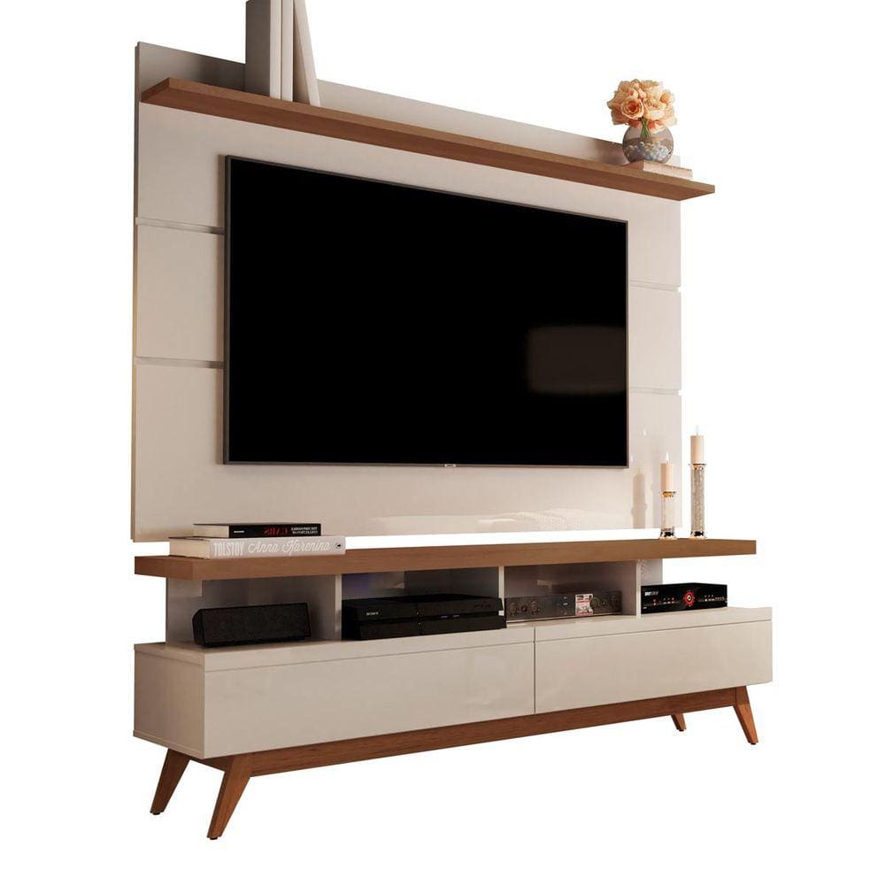 Rack com Painel Vivare Wood 1.6 Off White com Freijó - Germai Móveis