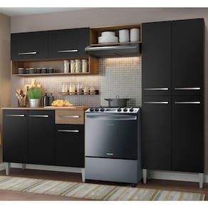 Armário de Cozinha Compacta Emilly com Balcão Rustic Preto