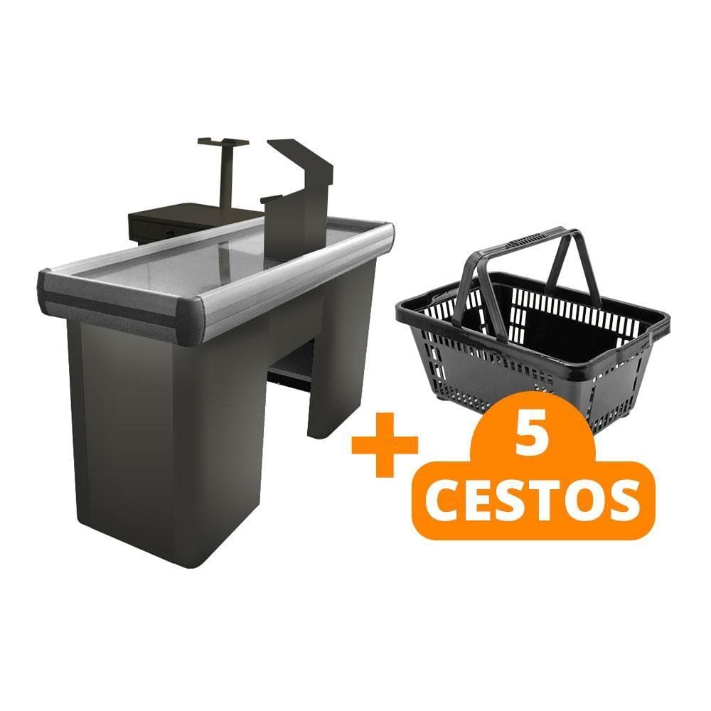 KIT - Caixa Supermercado Empacotador Check-out 1,5m Recorte + 5 Cestos de Compras Preto