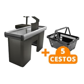 KIT - Caixa Supermercado Empacotador Check-out 1,5m Recorte + 5 Cestos de Compras Preto