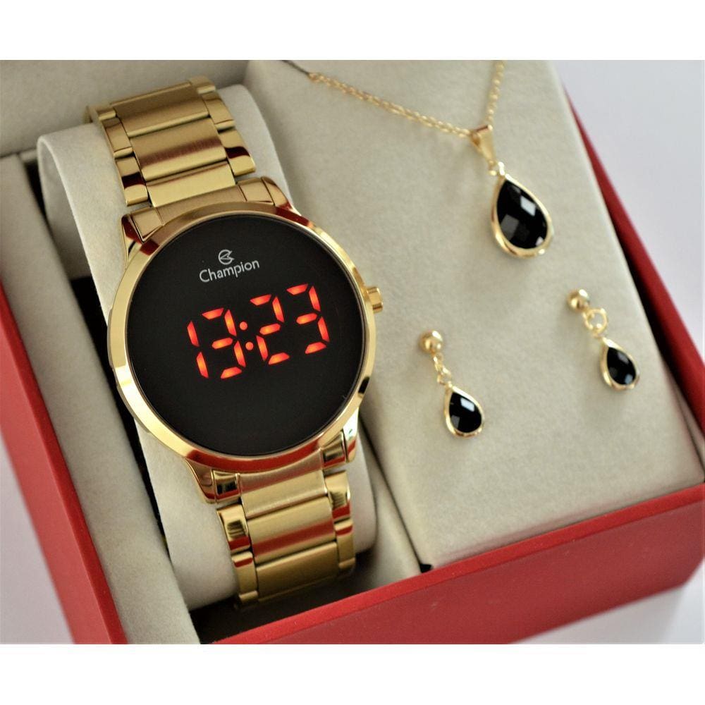 Relogio Champion Dourado Digital Led Vermelho Ch40142h + Kit Semi Joia