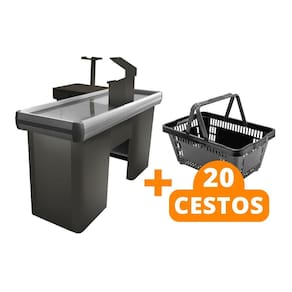KIT - Caixa Supermercado Empacotador Check-out 1,5m Recorte + 20 Cestos de Compras Preto