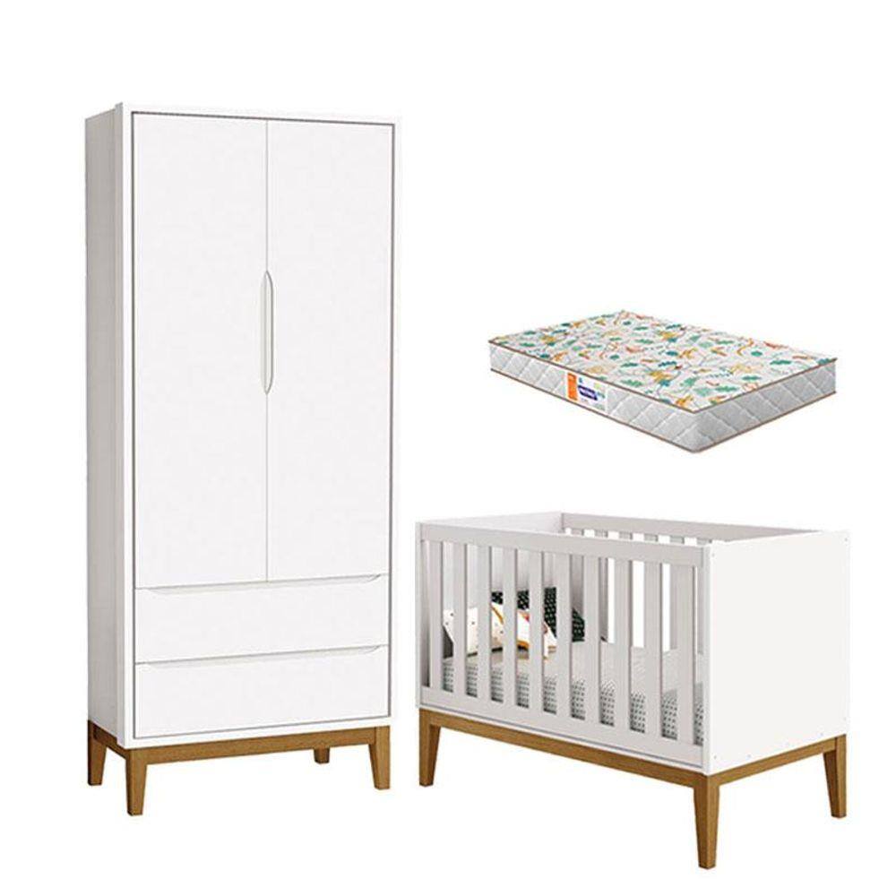 Berço Americano e Guarda Roupa 2 Portas New Classic Branco com Pés Madeira e Colchão Gazin - Reller
