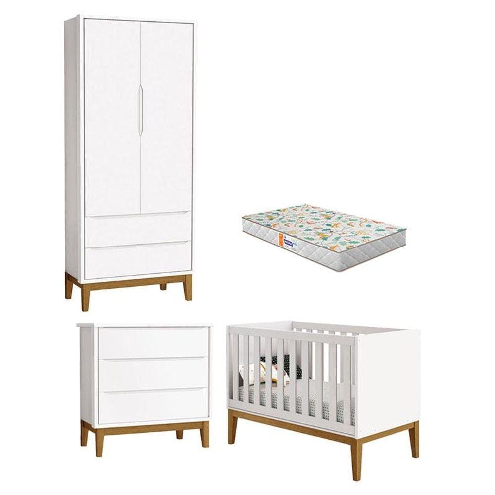 Quarto de Bebê 2 Portas e Cômoda Gaveteiro New Classic Branco com Pés Madeira e Colchão Gazin - Reller