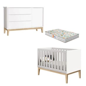 Berço Americano e Cômoda New Classic Branco com Pés Madeira Natural e Colchão Gazin - Reller