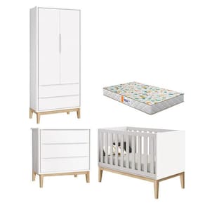 Quarto de Bebê 2 Portas e Cômoda Gaveteiro New Classic Branco com Pés Madeira Natural e Colchão Gazin - Reller