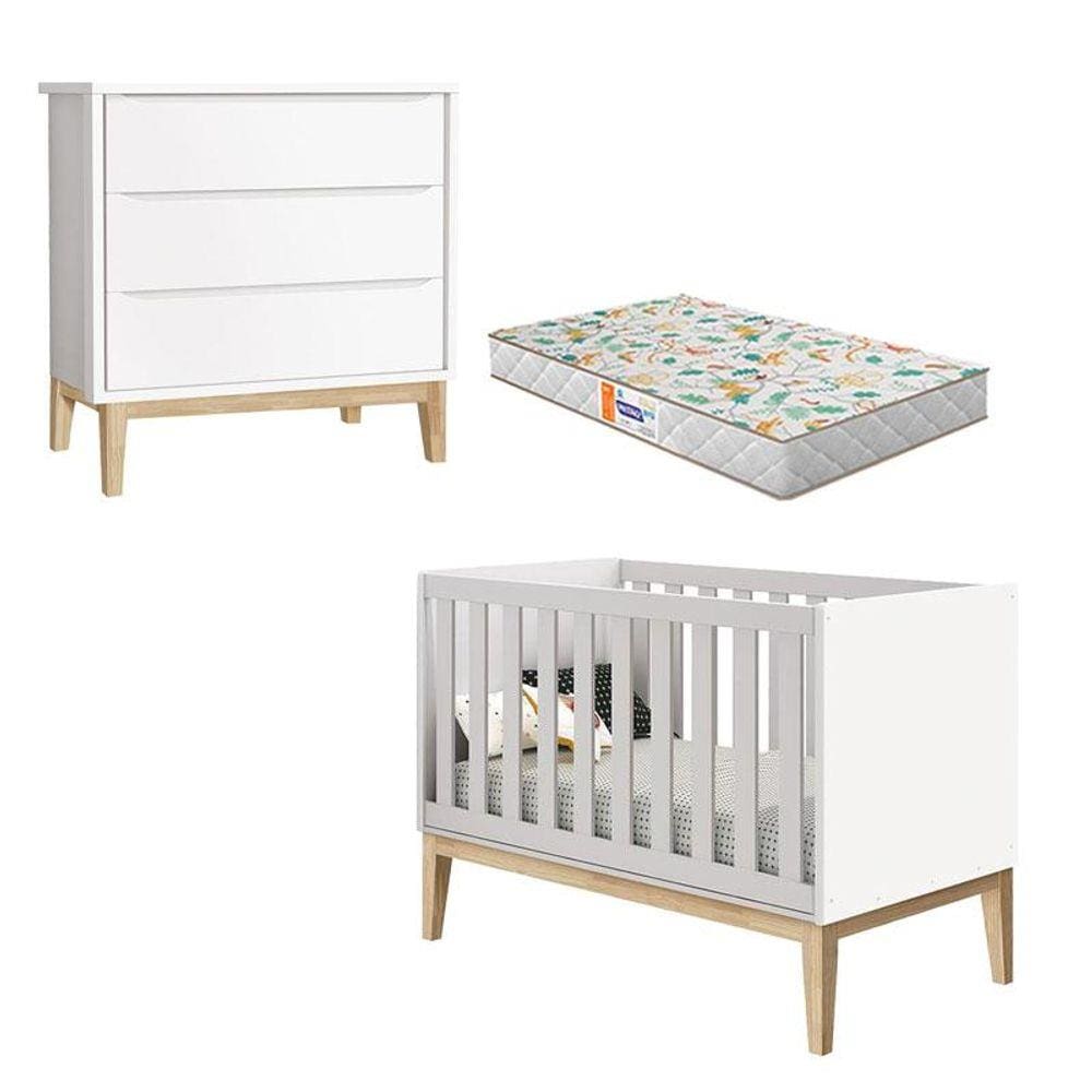 Berço Americano e Cômoda Gaveteiro New Classic Branco com Pés Madeira Natural e Colchão Gazin - Reller