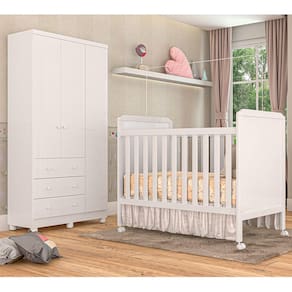 Conjunto Quarto Infantil Guarda Roupa 3 Portas, Berço Cloe Junior Móveis Peroba