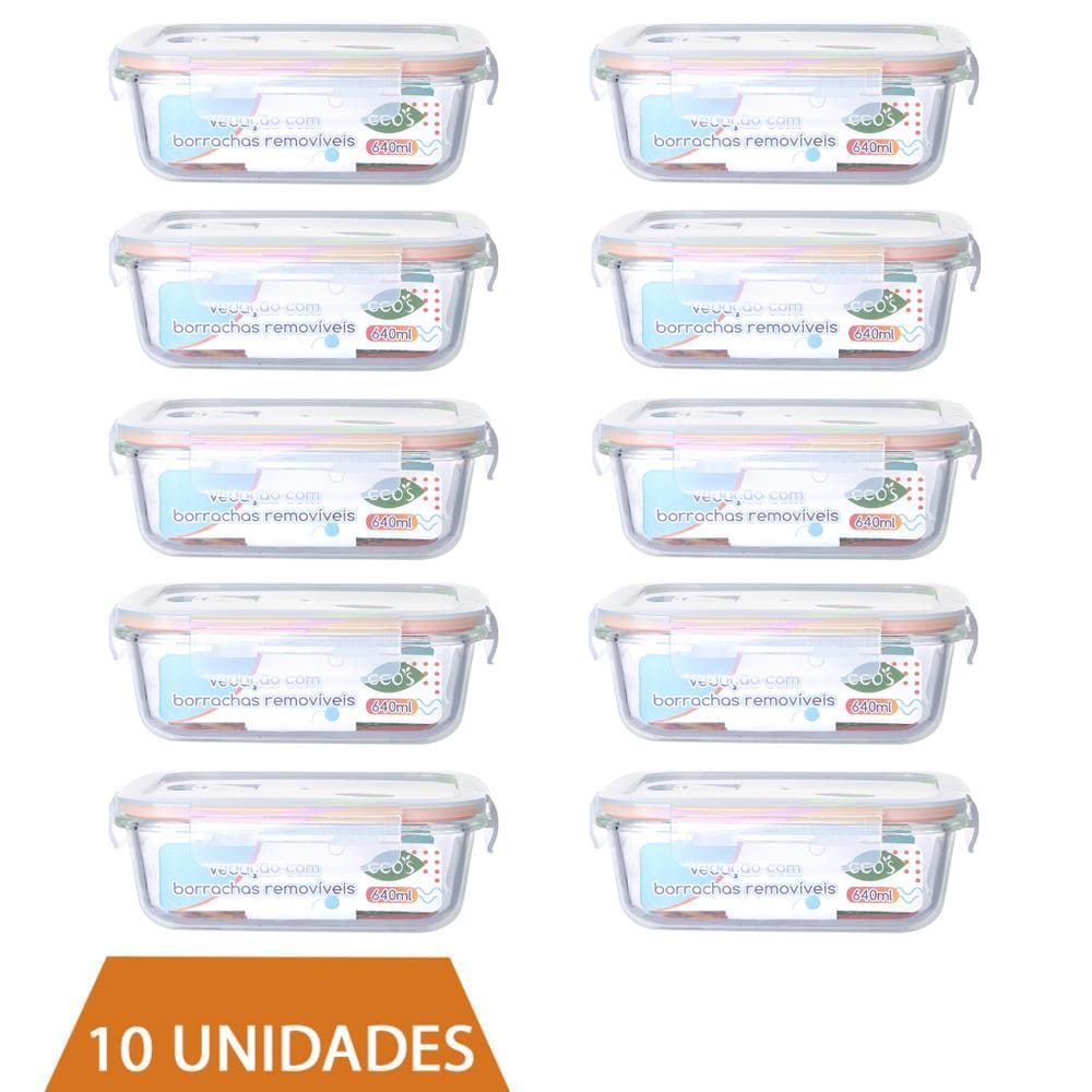 10 Pote Vidro 640ml Marmita Fitness Tampa Hermética 4 Travas