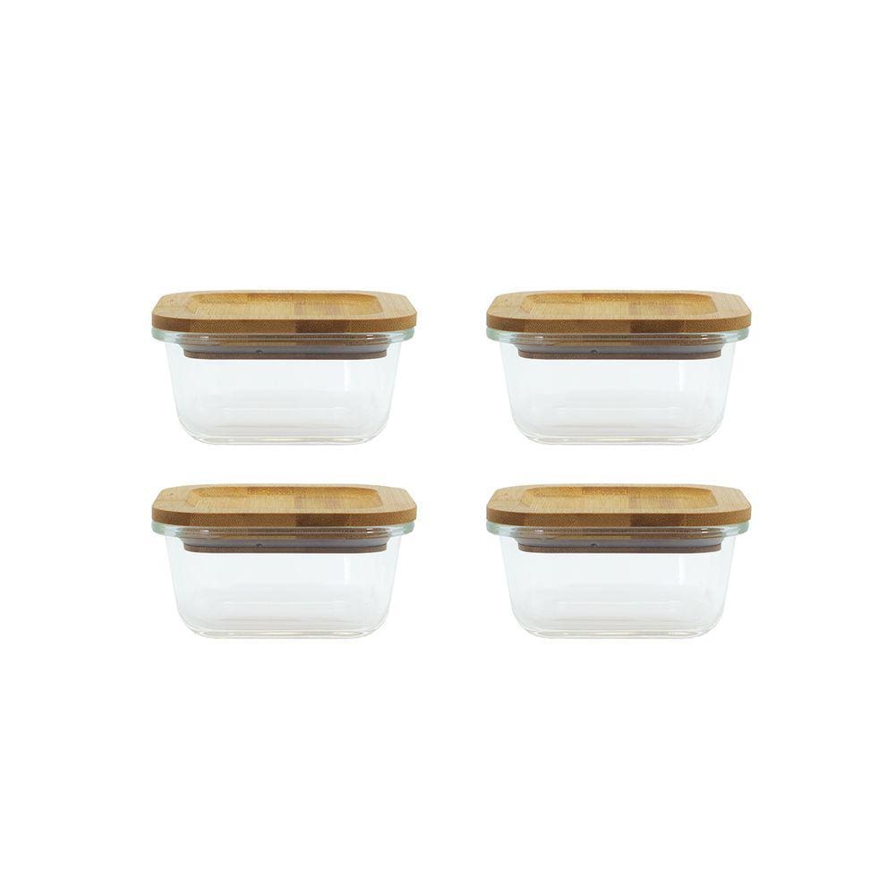 Conjunto de 4 Potes Herméticos de 320 ml com Tampa de Bambu