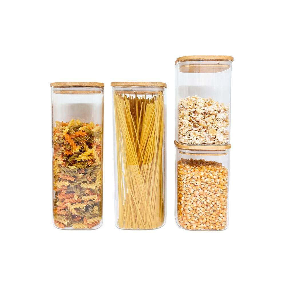 Potes De Mantimentos Quad 1900/1100Ml C/Tampa Bambu - 4 Pçs