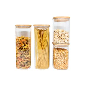 Potes De Mantimentos Quad 1900/1100Ml C/Tampa Bambu - 4 Pçs