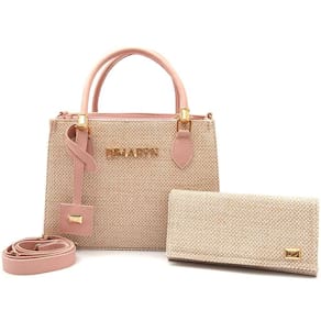 Kit Bolsa Feminina Juta Transversal Lorena + Carteira Rosa