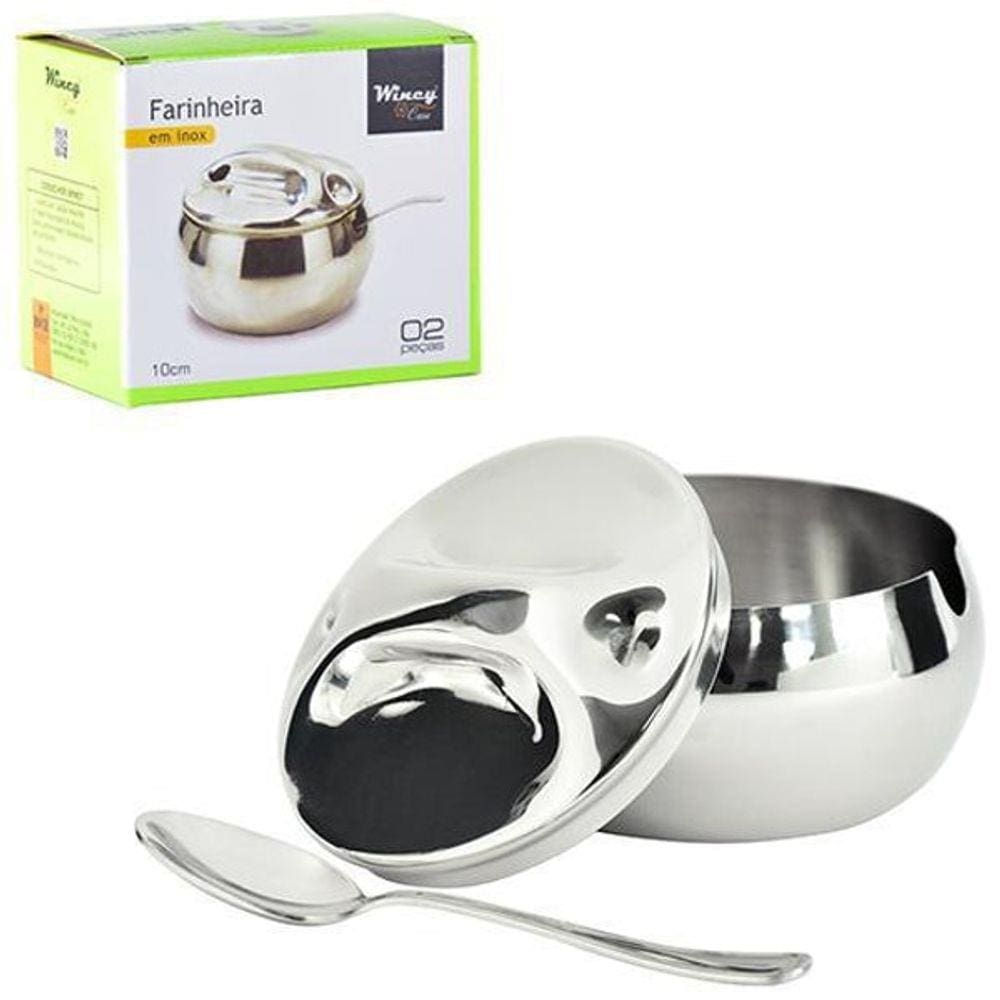 Acucareiro/Farinheiro Bojudo  De Inox Com Colher 10Cm De Ø