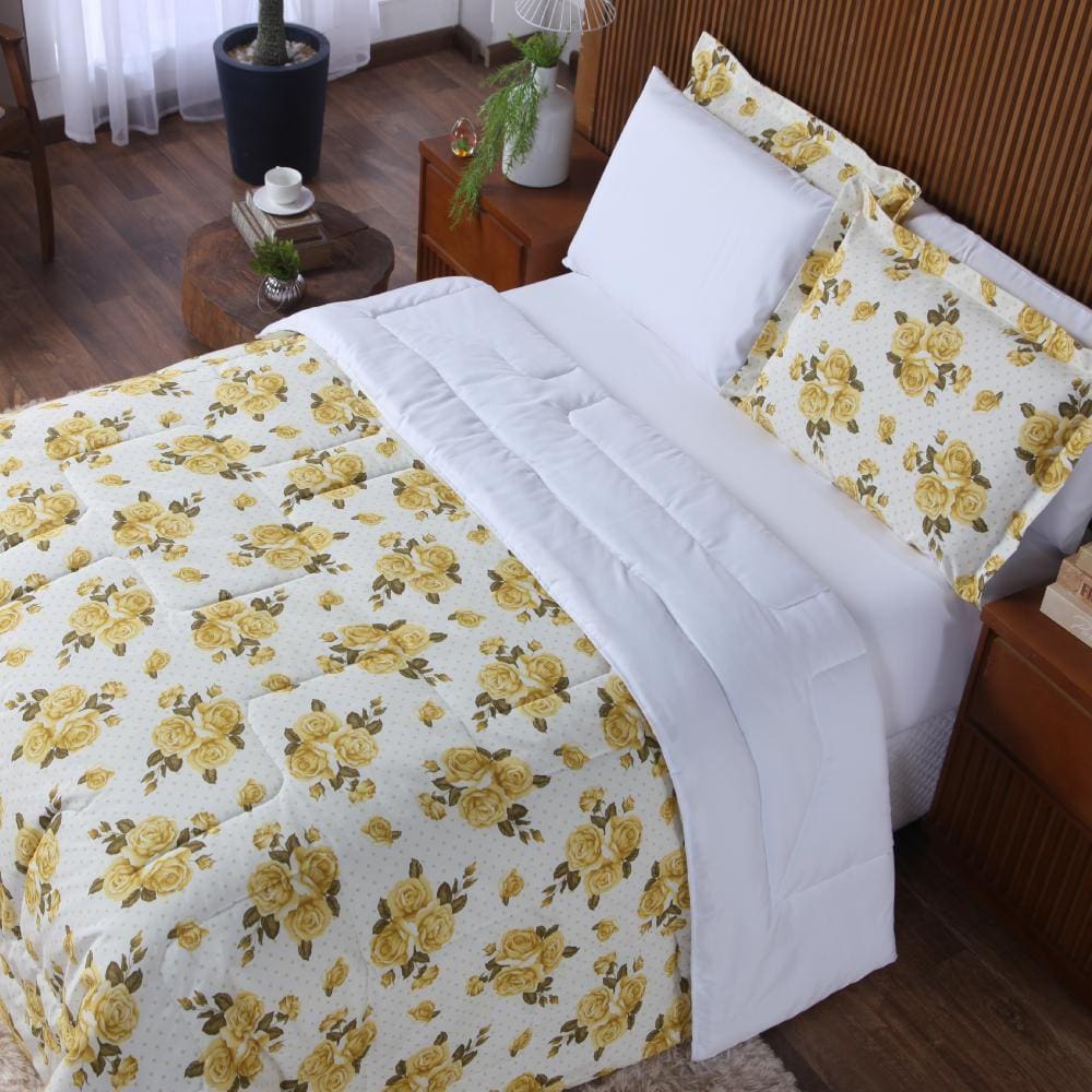Kit Edredom 6 Peças Jardins Queen Micropercal Com Jogo de Cama Branco Casa Dona