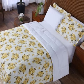 Kit Edredom 6 Peças Jardins Queen Micropercal Com Jogo de Cama Branco Casa Dona