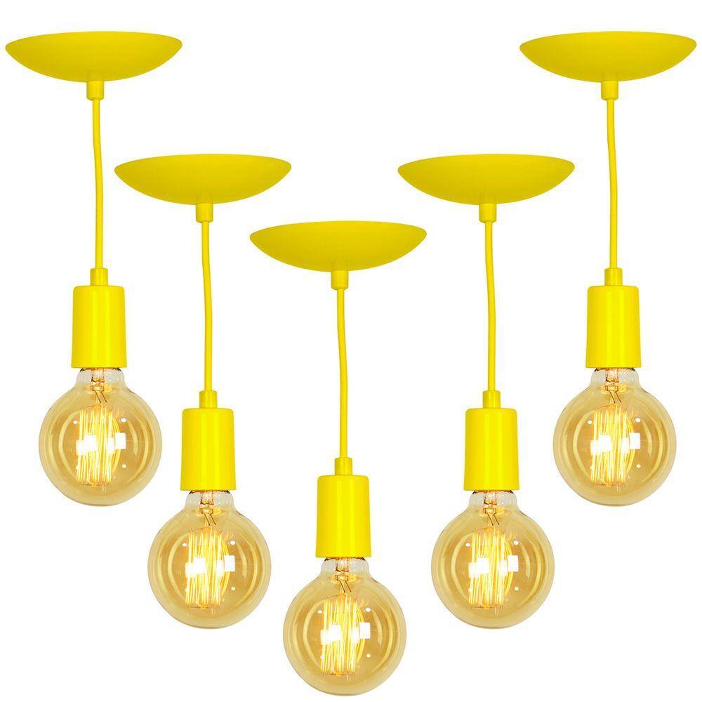 Kit 5 Pendente Tubo Cilindro Alumínio Amarelo Fio 1.20m