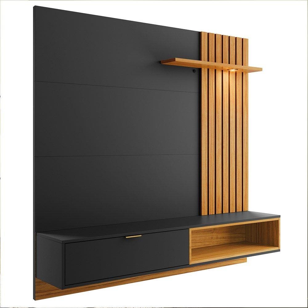 Painel Bancada Suspensa para TV até 65 Pol. Ripado 180cm Tocantins Preto Fosco/Noce Milano - Colibri
