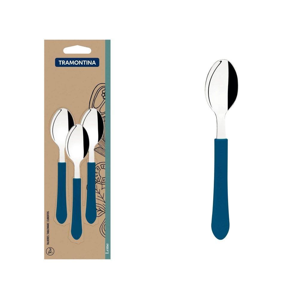Conjunto de Colheres de Chá Tramontina Leme com Lâminas em Aço Inox e Cabos de Polipropileno Azul Oceano 3 peças Tramontina