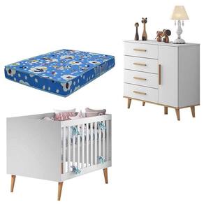 Berço Americano e Cômoda Infantil Ludmila Branco Bétula com Colchão Ortobom - Carolina
