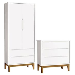 Cômoda Gaveteiro e Guarda Roupa Infantil 2 Portas New Classic Branco com Pés Madeira - Reller