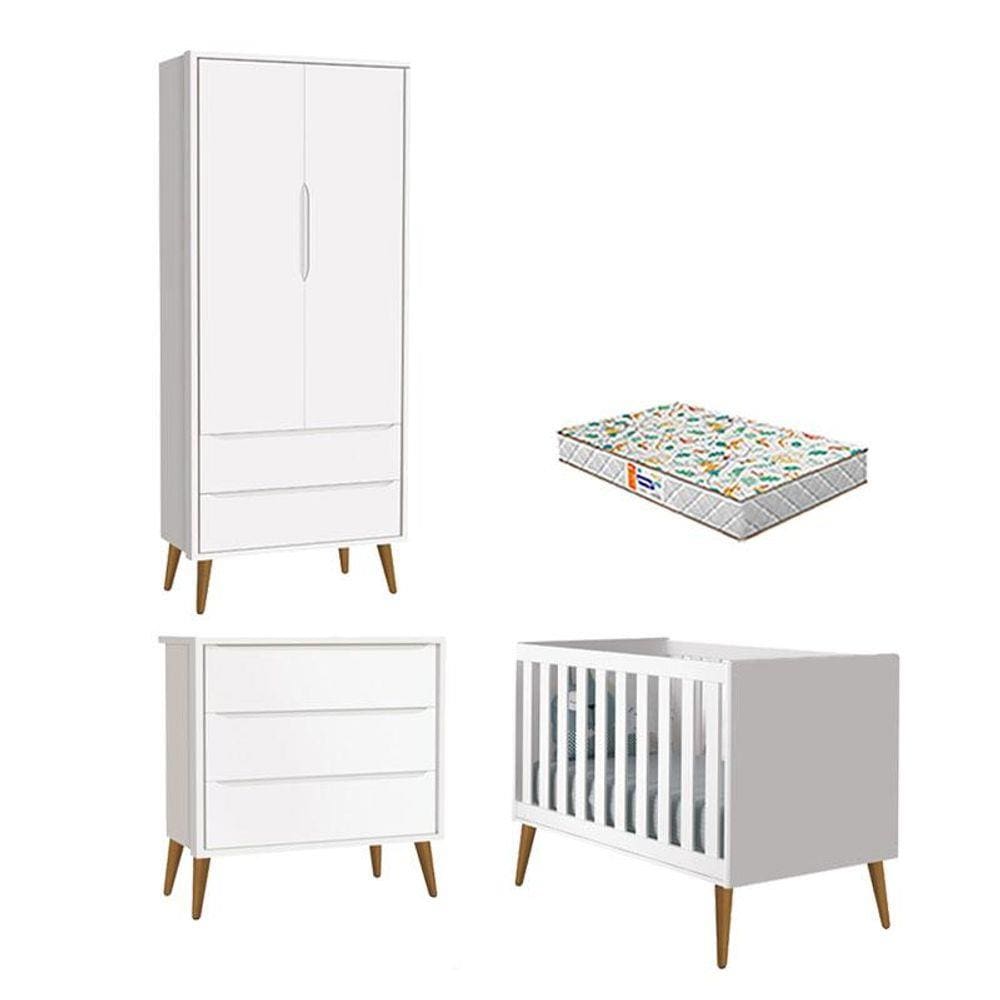 Quarto de Bebê 2 Portas e Cômoda Gaveteiro Theo Branco Pés Amadeirados com Colchão Gazin - Reller