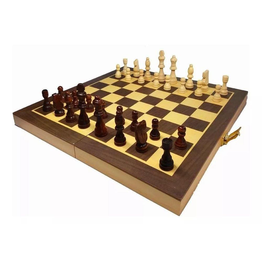 Jogo Xadrez E Dama 2 X 1 Dobrável Em Madeira 35 X 35 Cm.