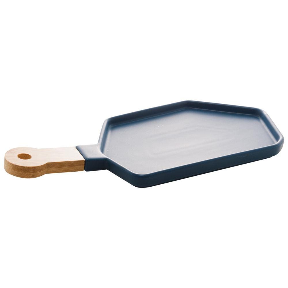 Petisqueira Porcelana com Cabo Bambu Azul Matt 35x15x2cm