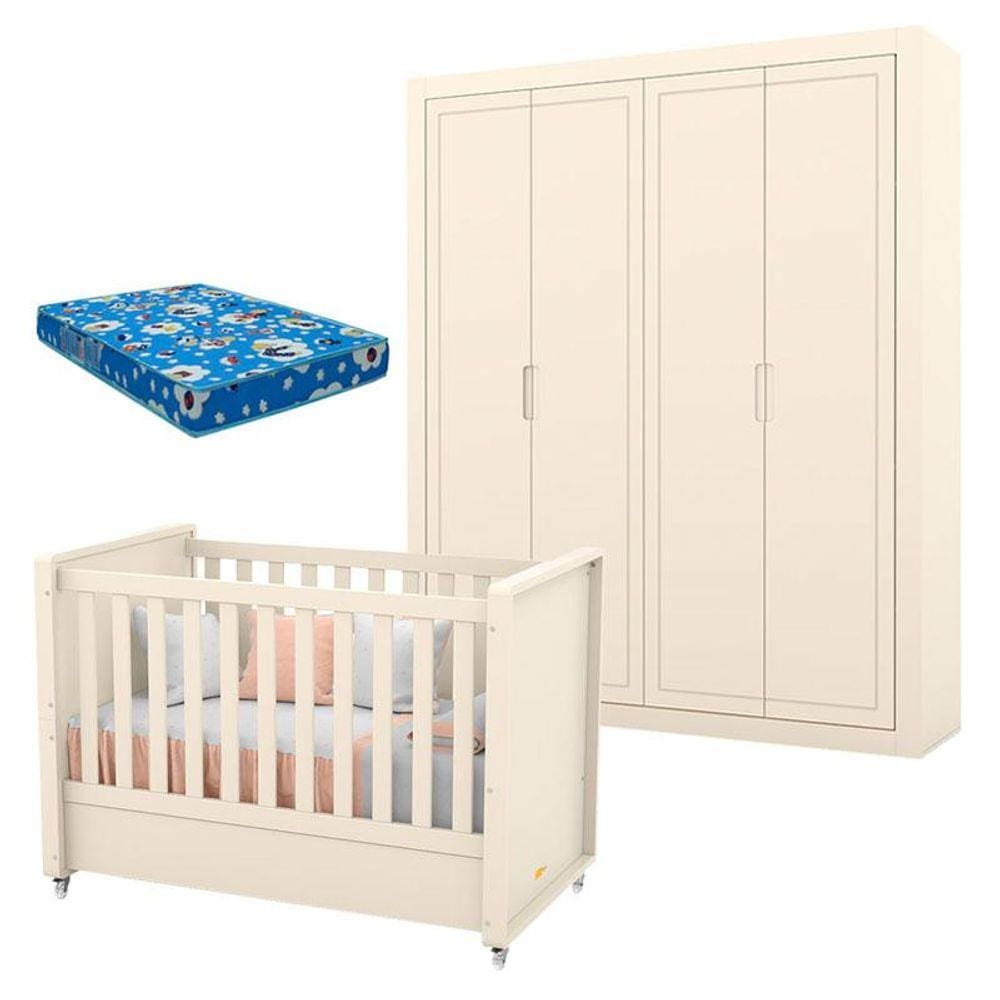 Berço Americano com Guarda Roupa Tutto New 4 Portas Off White e Colchão - Matic