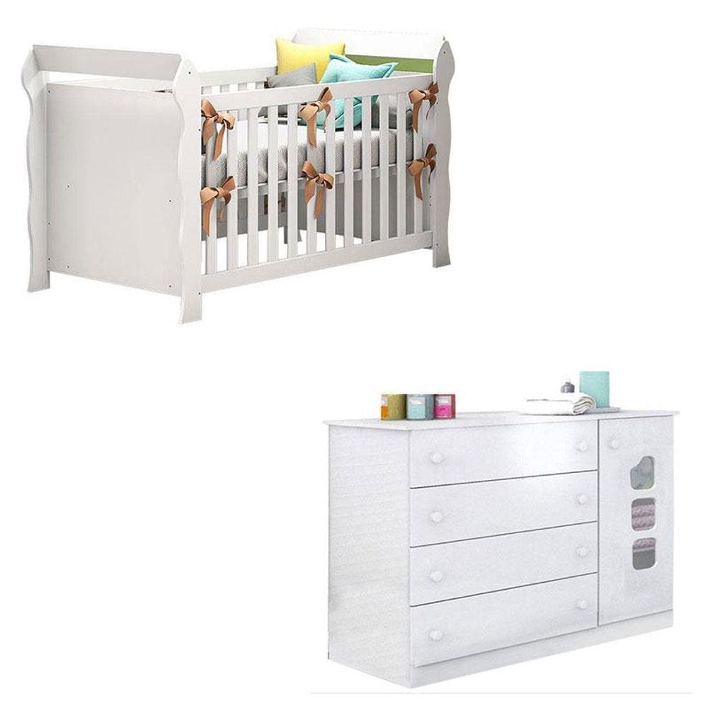 Berço Americano Lara e Cômoda Infantil Lívia Branco Brilho - Phoenix