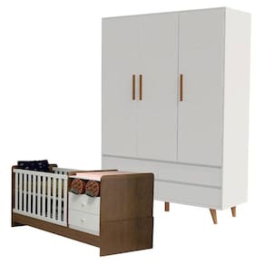 Berço Americano Multifuncional Selena e Guarda Roupa Infantil Lorena 3 Portas Branco Acetinado Amadeirado - Carolina