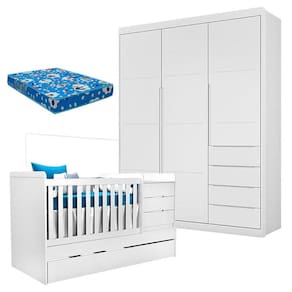 Berço Multifuncional Cleo com Guarda Roupa Blenda Branco Acetinado e Colchão - Phoenix