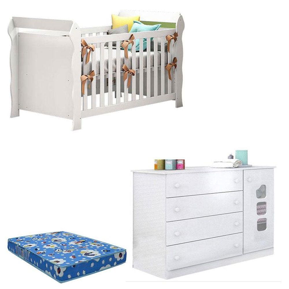 Berço Americano Lara e Cômoda Infantil Lívia Branco Brilho com Colchão - Phoenix