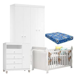 Quarto de Bebê 4 Portas Ternura Baby com Berço Lara Branco Brilho com Colchão - Incorplac
