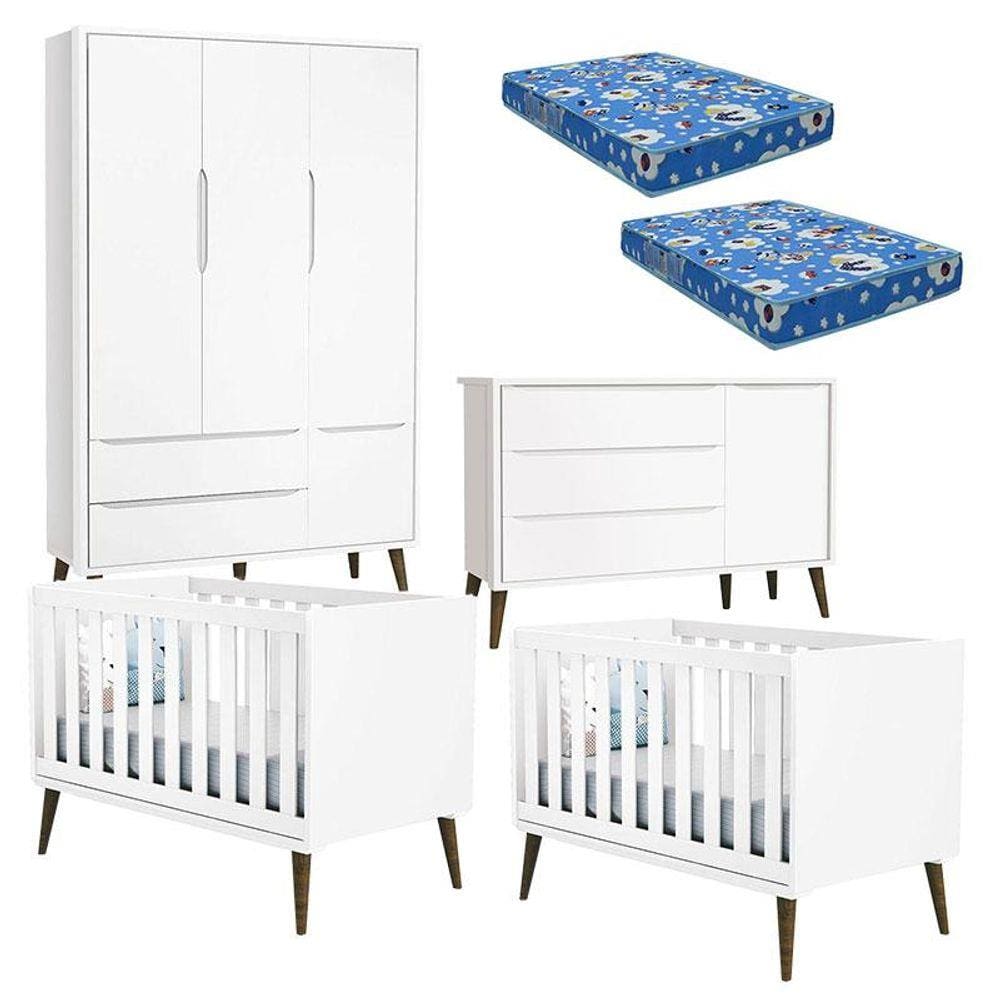 Quarto de Bebê Theo 3 Portas com 02 Berços Branco Acetinado com Pés Amadeirados e Colchão - Reller