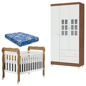 Berço Lila e Guarda Roupa Mariah 3 Portas Branco Acetinado Amadeirado com Colchão - Carolina